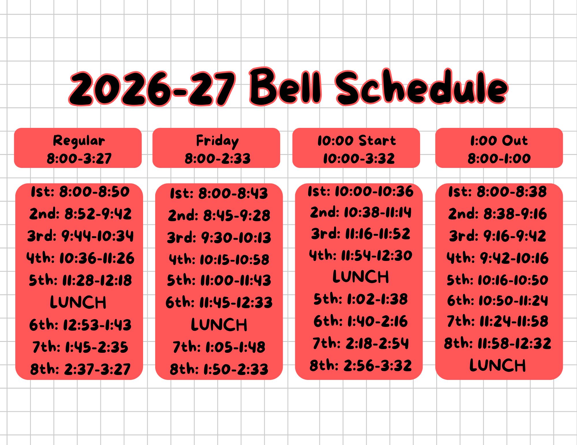 Graphic showing the 2026–27 Bell Schedule with four daily schedules: Regular (8:00–3:27), Friday (8:00–2:33), 10:00 Start (10:00–3:32), and 1:00 Out (8:00–1:00). Each schedule lists class periods with start and end times, with lunch occurring after 5th period on Regular days, after 6th period on Fridays, after 4th period on 10:00 Start days, and after 8th period on 1:00 Out days.