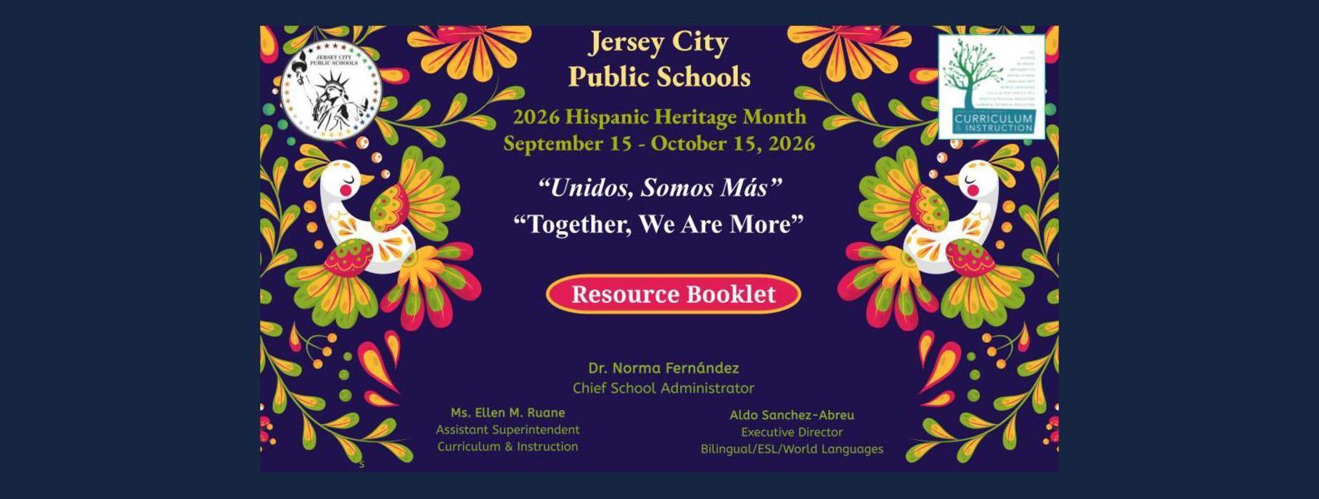 Jersey City Public Schools Hispanic Heritage Month announcement with colorful floral designs.