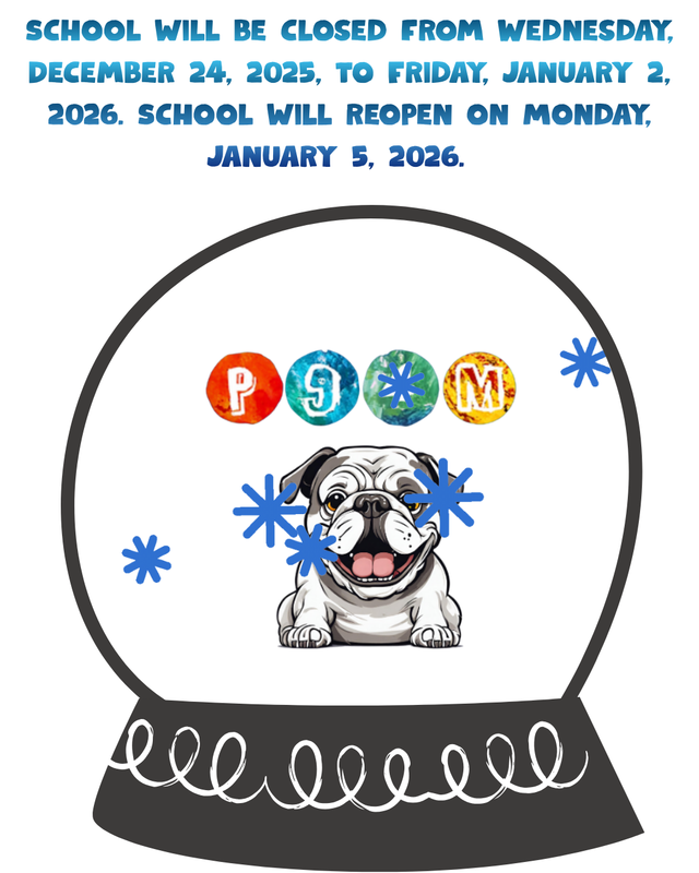 English- A cartoon snow globe contains a smiling bulldog, colorful snowflakes, and the word TEAM.