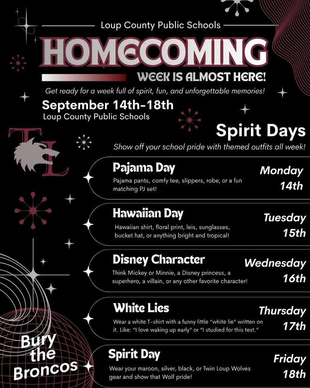 Homecoming Spirit Week dress-up days featuring PJ Day, Hawaiian Day, White Lies Day, Disney Character Day, and Spirit Day.