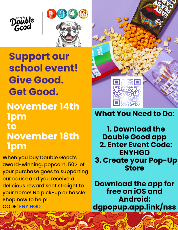 Promotional image for Double Good popcorn fundraiser, featuring text and popcorn bags.