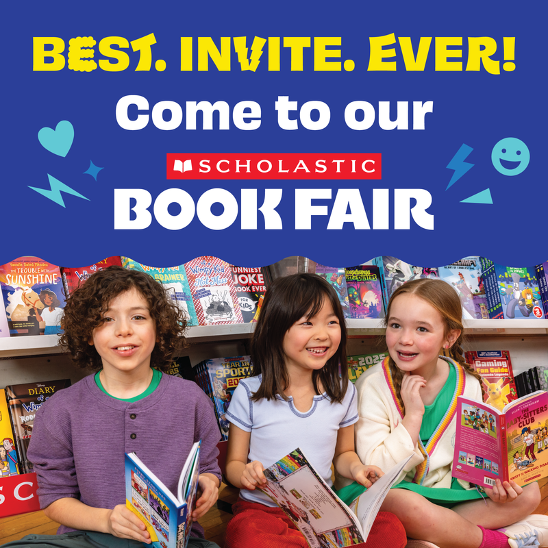 Come to our book fair! Three young students grin in front of books