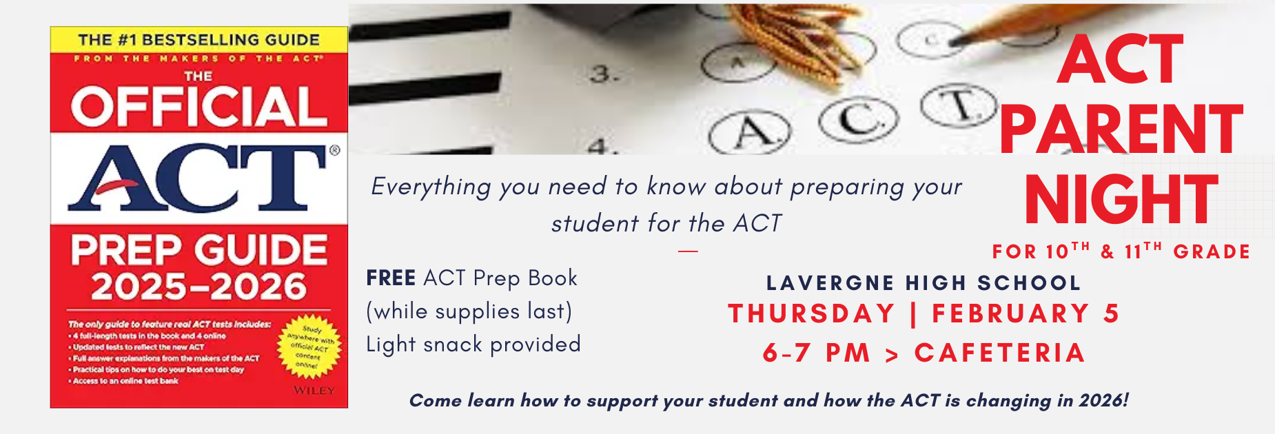 cover of the official ACT prep guide 2025-26 book and image of a scantron bubble sheet