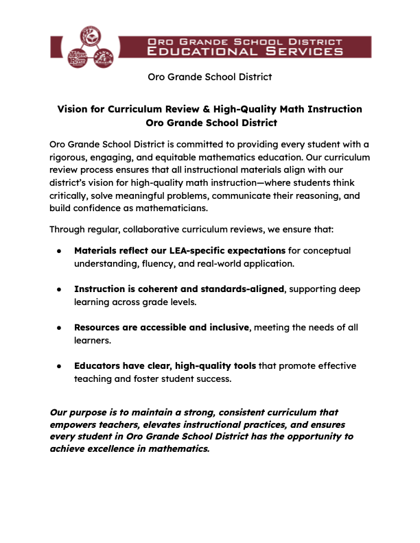 Vision for Curriculum Review & High-Quality Math Instruction Oro Grande School District Letter