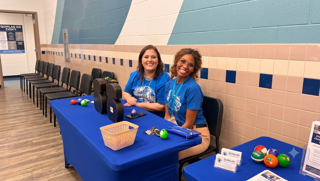 Two women smiling at a table with colorful balls and a large number decoration.