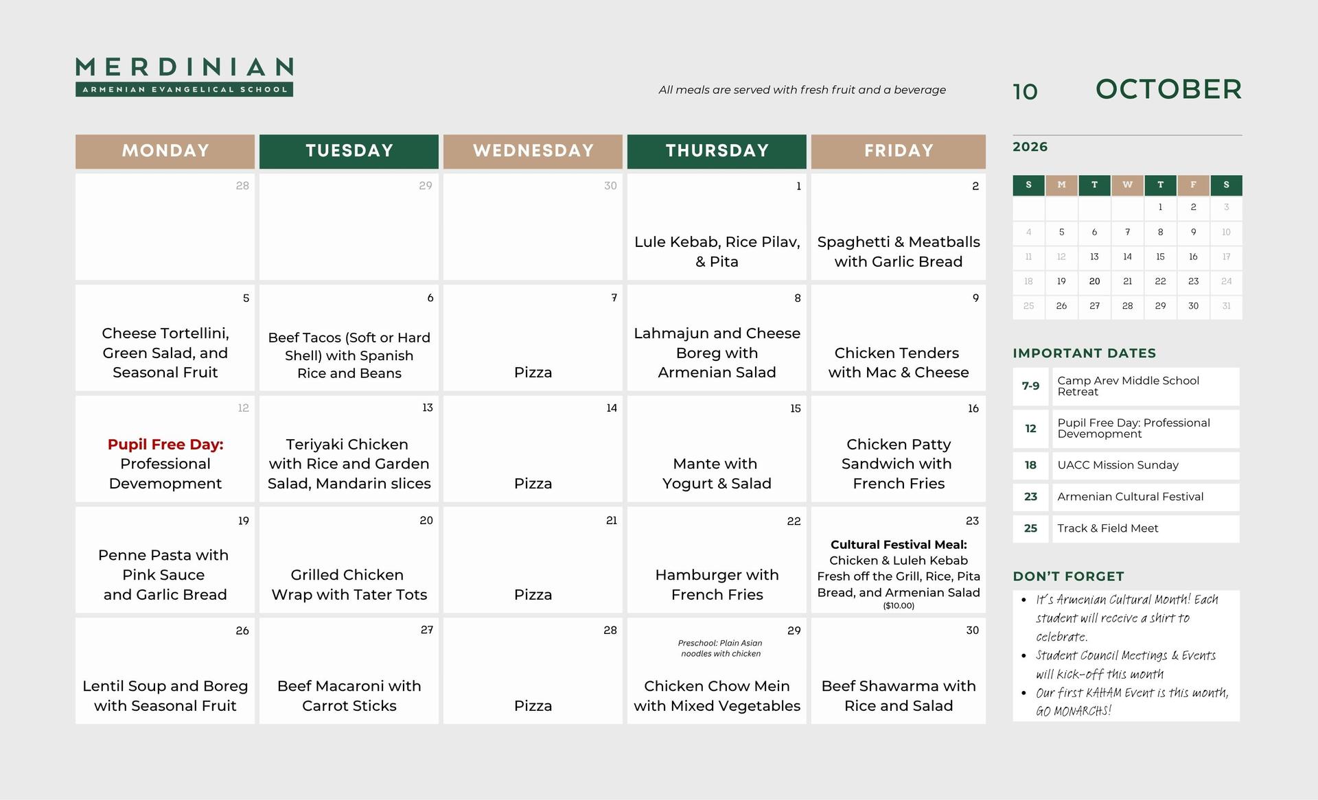 October 2026 Menu