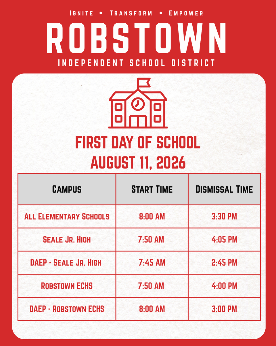 School district schedule for the first day of school, August 11, 2026.