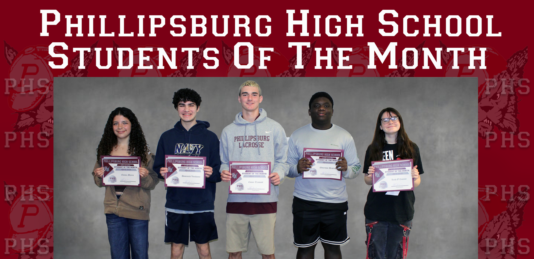 Five students stand together holding certificates, with a gray background.
