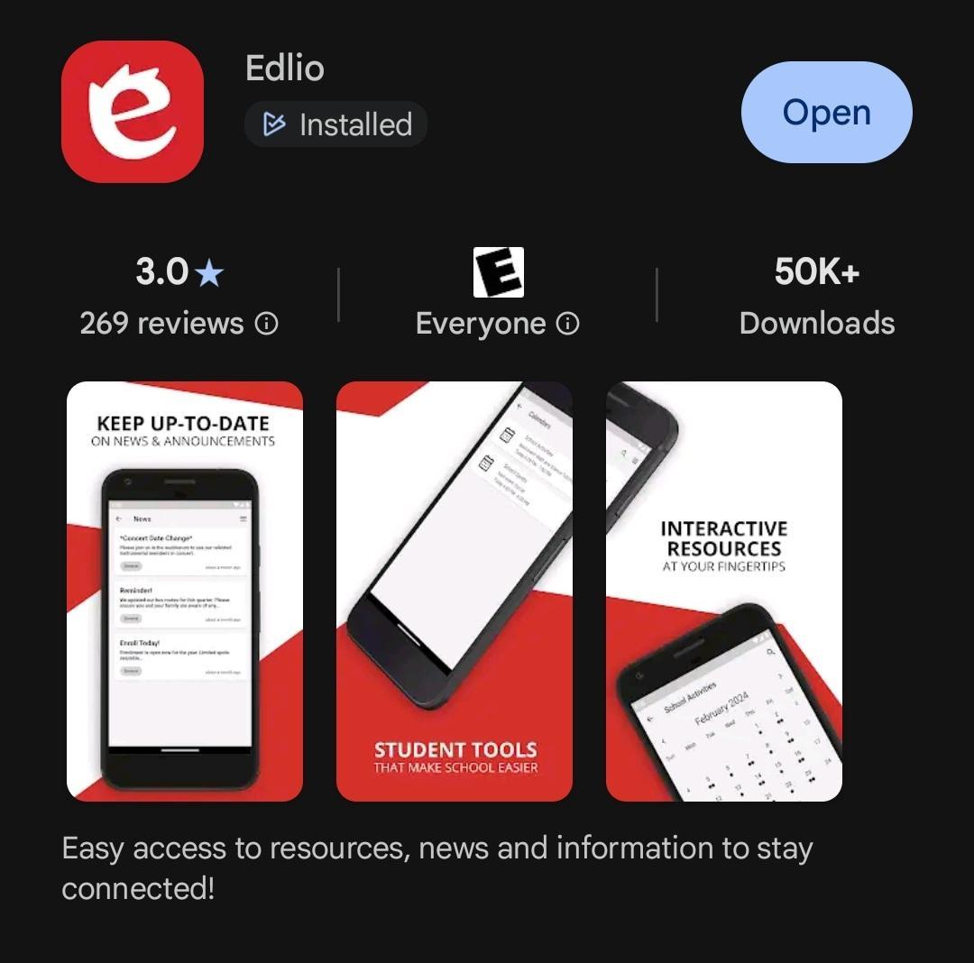 Screenshot showing what the Edlio logo looks like in the Play Store - A red 'e' with spikes on top