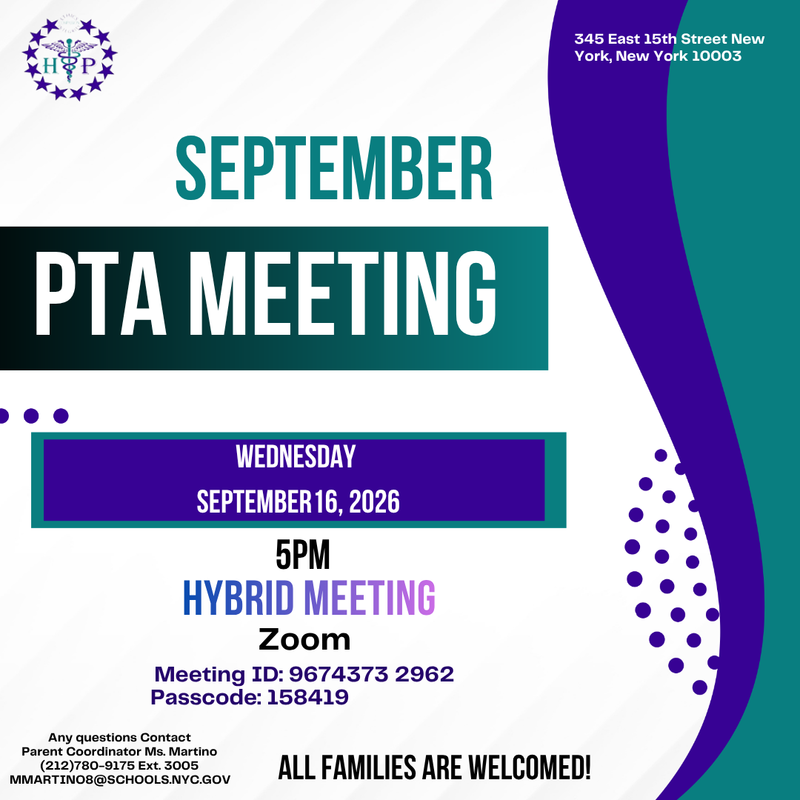 PTA Meeting  Wednesday, September 16, 2026, at 5:00 PM
