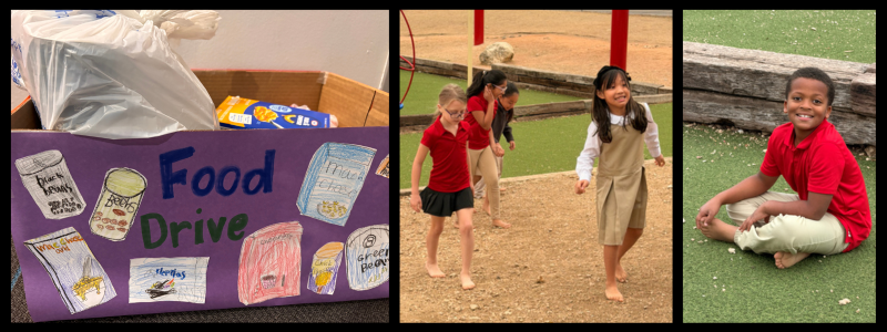 Children's drawings of canned food on a box, students walk barefoot on gravel, a student sits barefoot and smiles