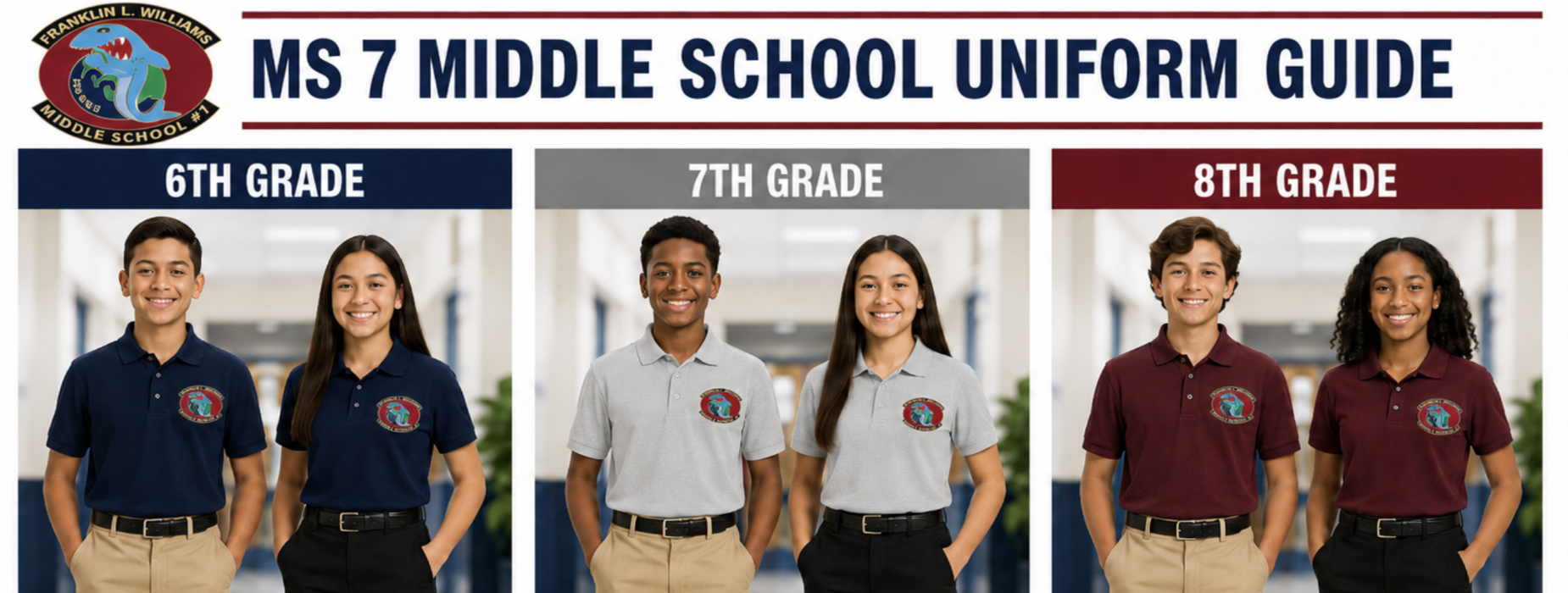 Four students wearing different colored polo shirts and pants, smiling in a hallway.