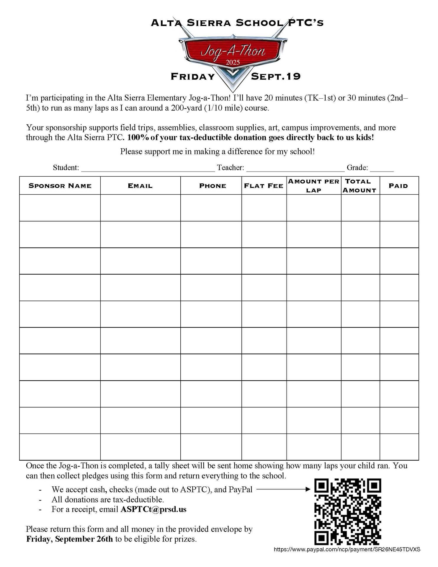 Jog-a-Thon Pledge Sheet