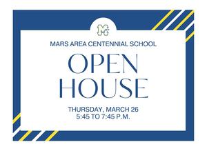 A blue background with yellow stripes and a white box with the words Open House