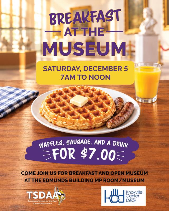 A table setting with a waffle, sausage, drink, and a breakfast event announcement.