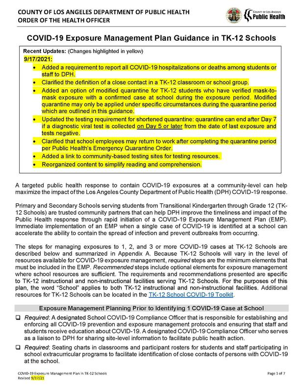 COVID-19 Exposure Management Plan Guidance in TK-12 Schools