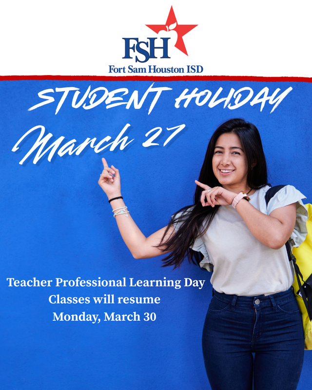 Blue background Image of girl pointing to Student Holiday Reminder, March 27