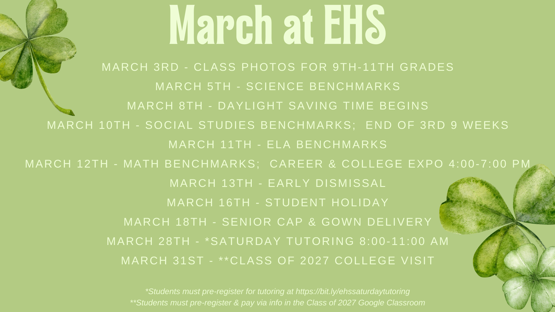Calendar of events for March at EHS featuring a four-leaf clover design.
