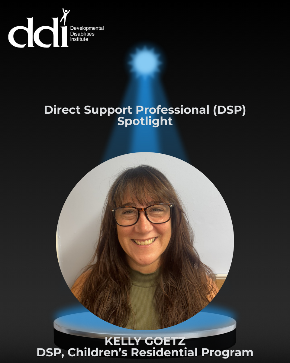 DDI logo; DSP Spotlight; Spotlight; Picture of Kelly Goetz, DSP Children's Residential Program; black background with spotlight shining on Kelly
