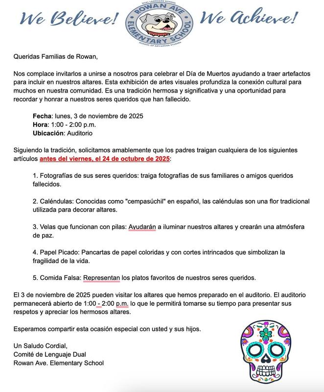 Dia de los Muertos letter re. altars in Spanish