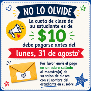 Spanish version of class fee of 10 reminder to pay graphic