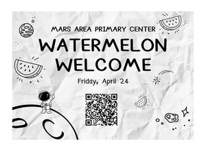 a crinkled paper background with images of planets, watermelons and the words Watermelon Welcome