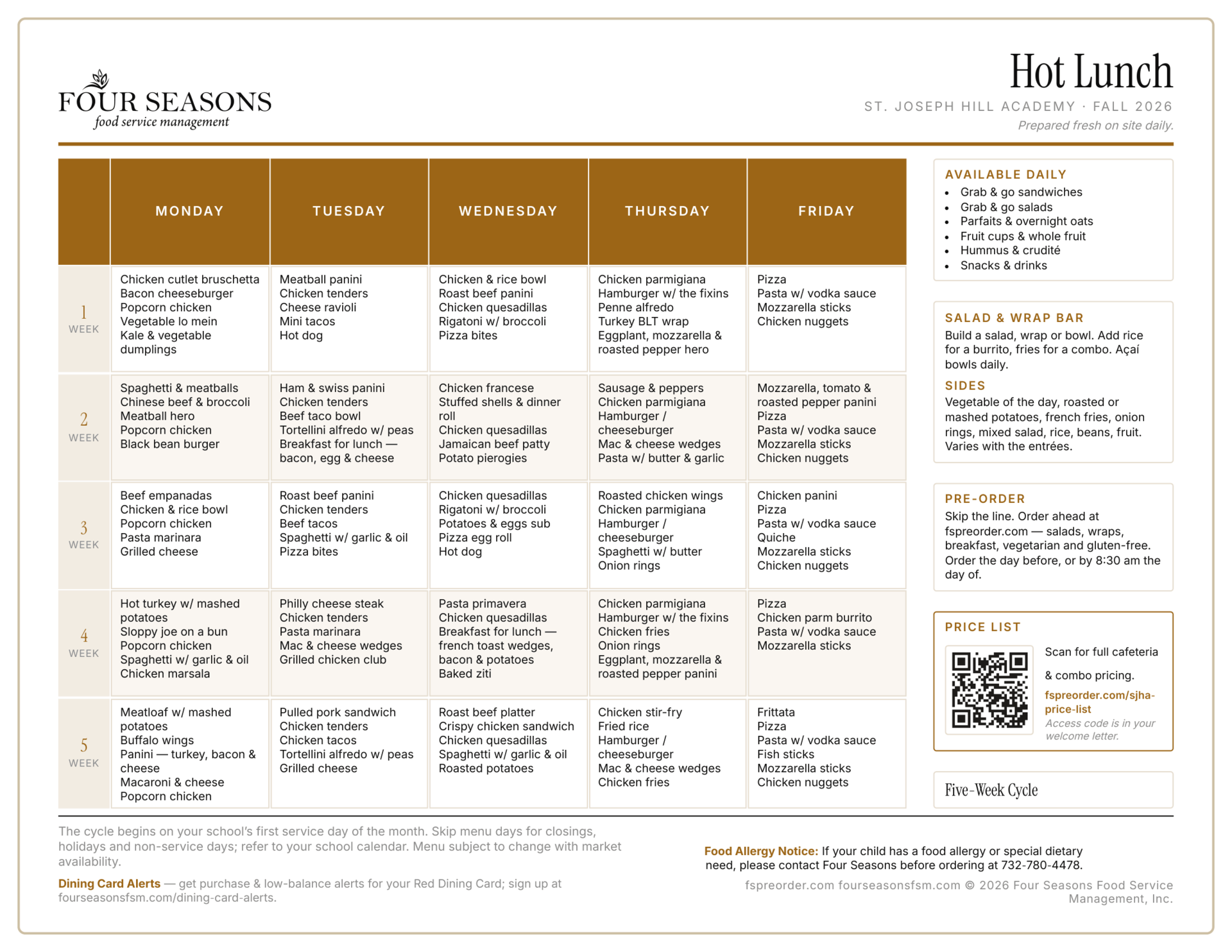 Hot Lunch Menu