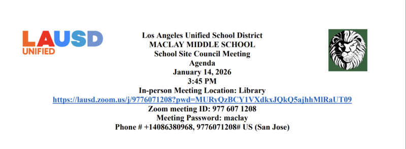 SSC Meeting information for January 14, 2026