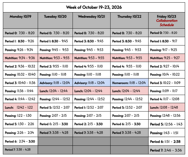 Bell Schedule for week of Oct. 19