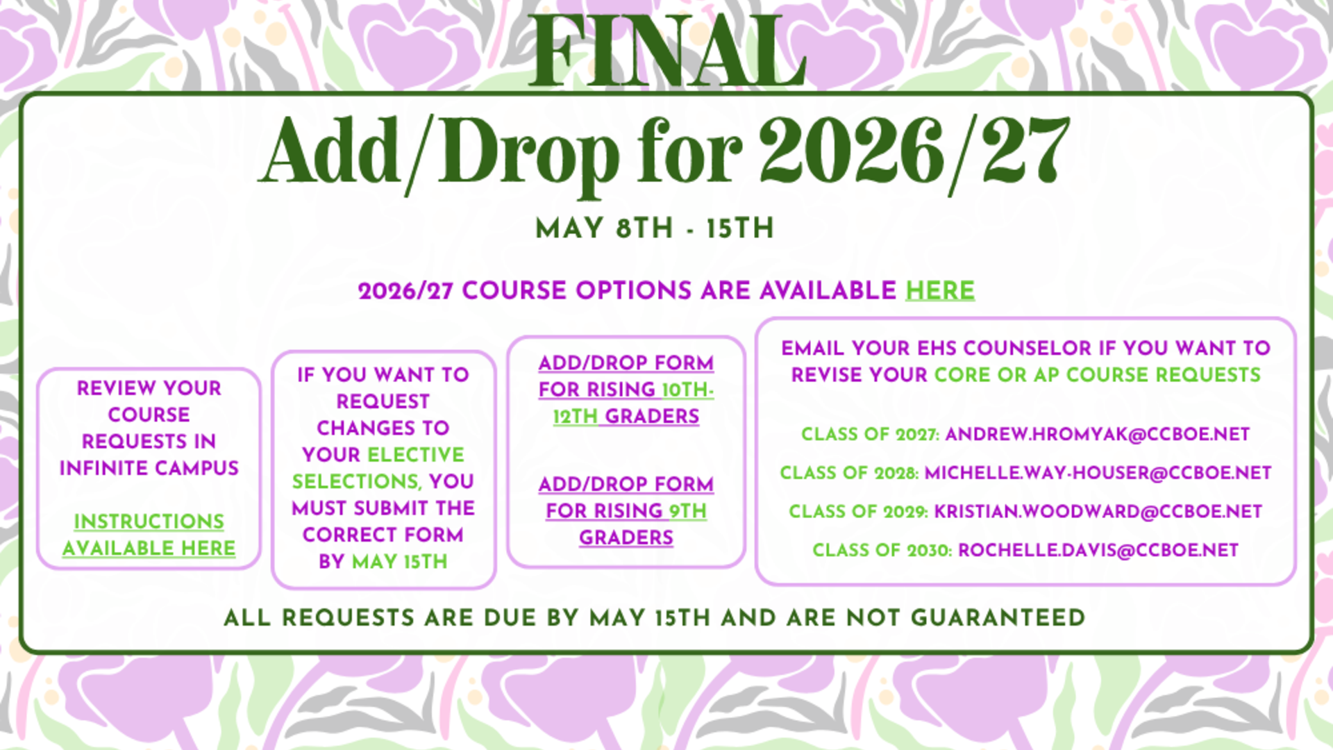 Announcement for Add/Drop for 2026/27 with important dates and instructions.