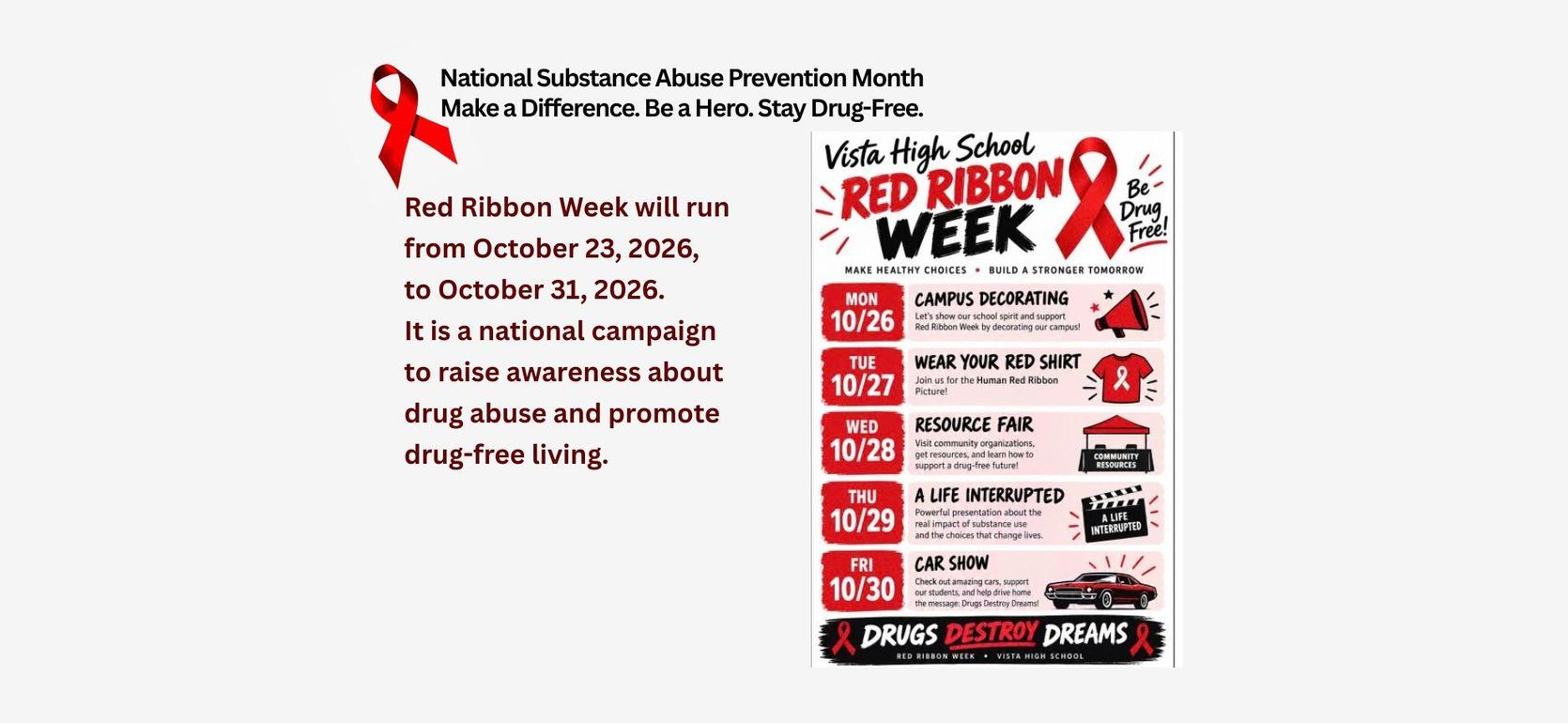 Poster promoting Red Ribbon Week with event details and awareness message.