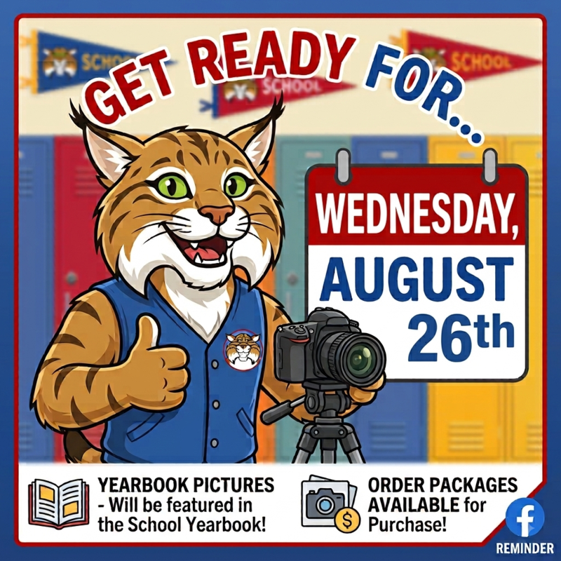 Cartoon bobcat mascot promoting yearbook picture day with a camera.