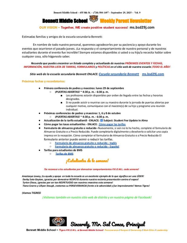 Weekly Parent Newsletter Spanish