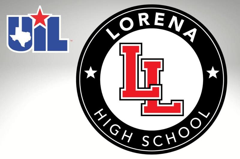 Lorena High School black round circle logo with red LL in the middle and Blue UIL logo to the left