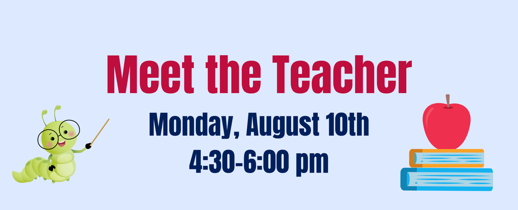 Cartoon style teacher meeting announcement with a worm and apple.