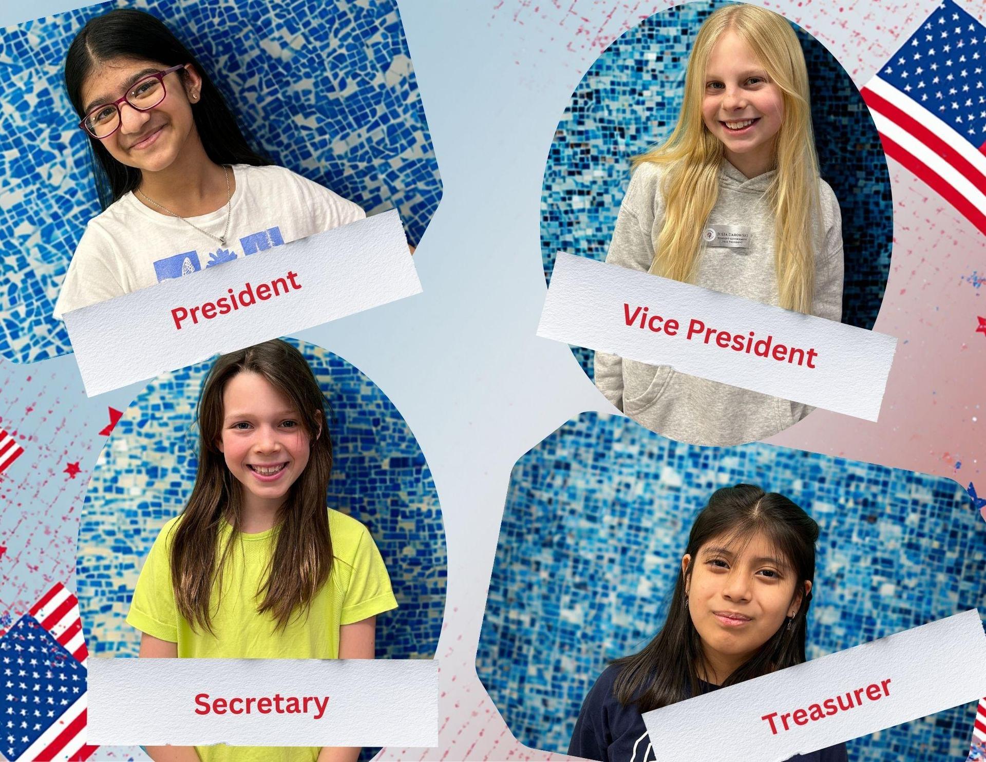 Four fifth grade students photos labeled with president, vice president, secretary and treasurer.