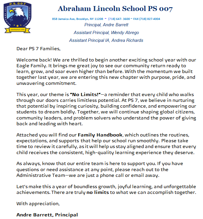 Letter from the principal introducing the school year and its values.