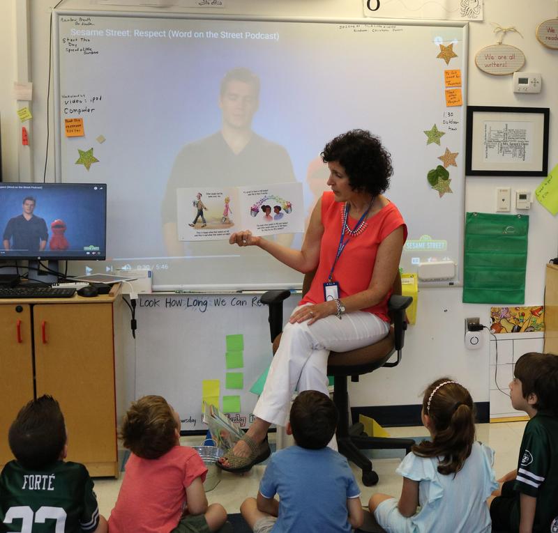 Photo of kindergarten teacher reading to her class.