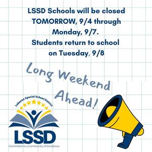 blue and yellow megaphone with words 'Long Weekend Ahead'  on a grid flyer
