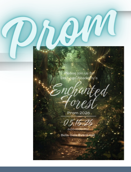A prom invitation featuring a forest path with fairy lights and decorative text.