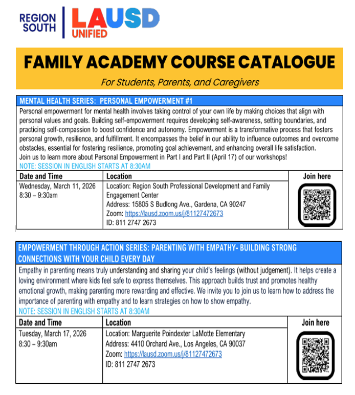 March 2026 Family Academy Parent Workshops