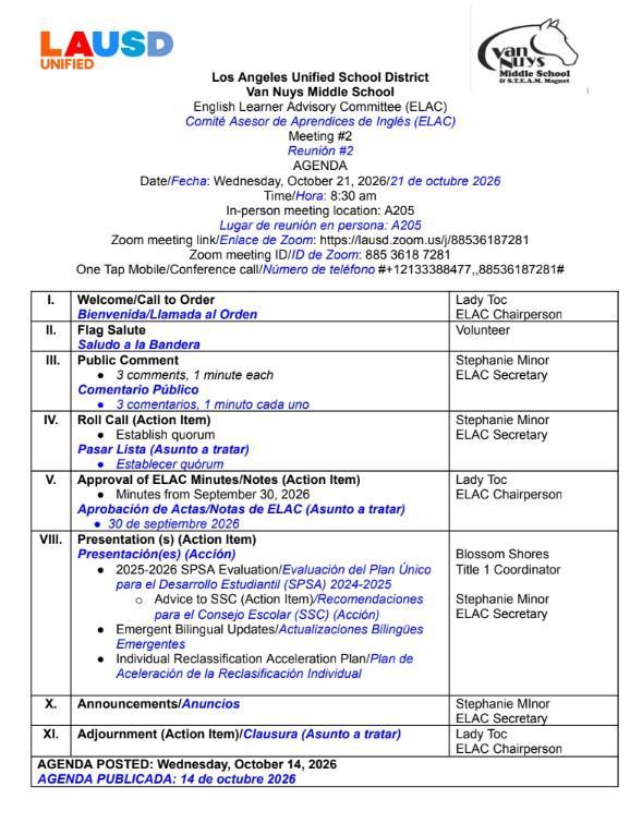 ELAC #2 Agenda VNMS