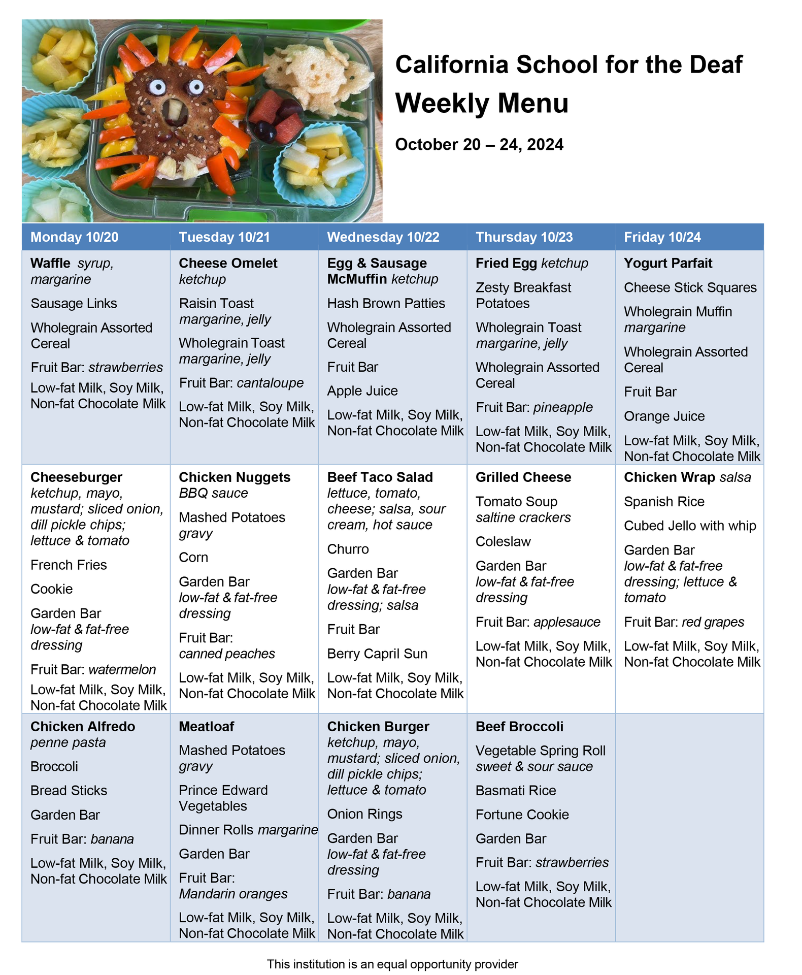 Oct 20-24 menu