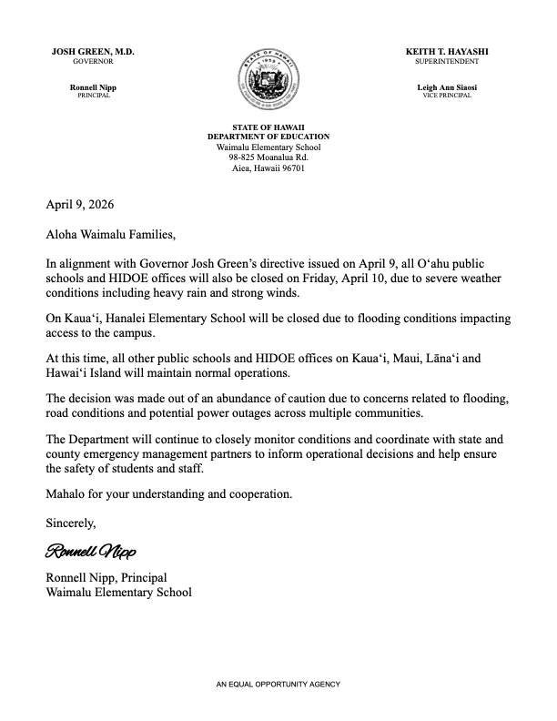 School Closure Fri April 10, 2026