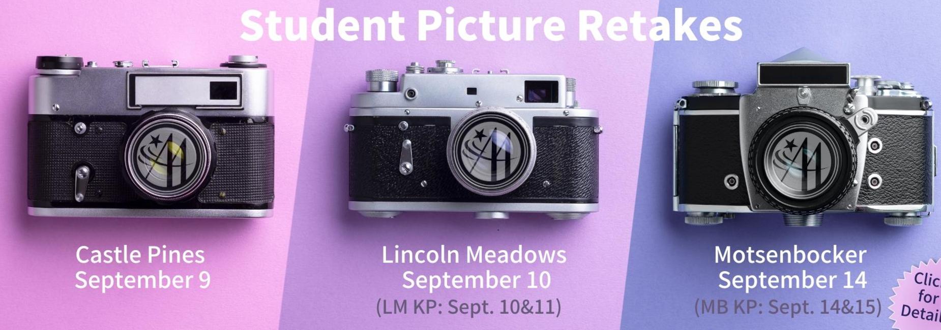 Three vintage cameras with event dates for student picture retakes.