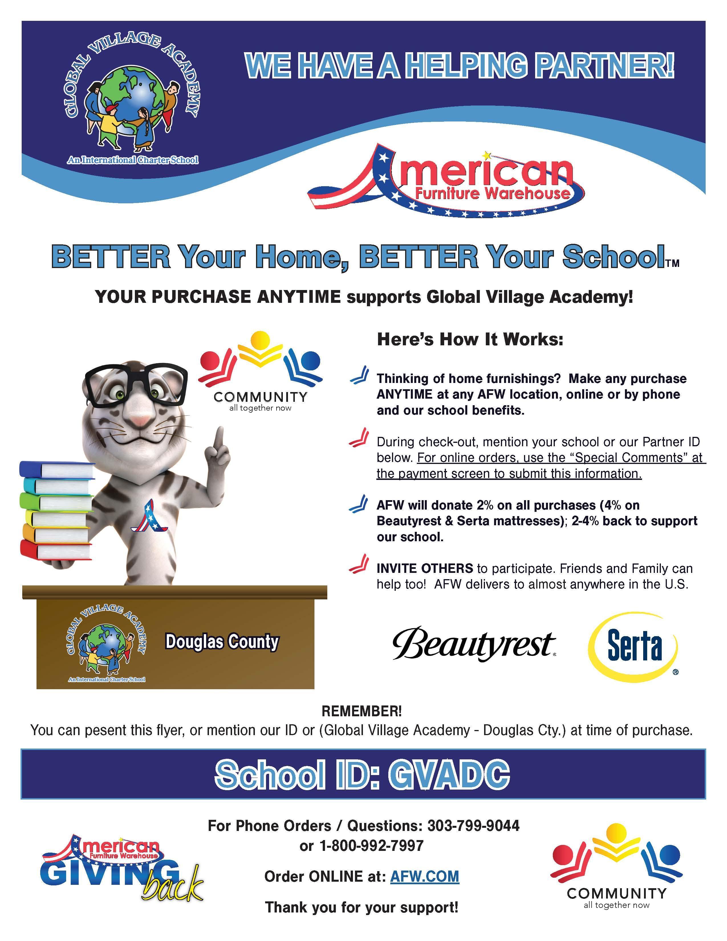 American Furniture Warehouse Ongoing Fundraiser Gva Dc Pto Pic Global Village Academy Douglas County