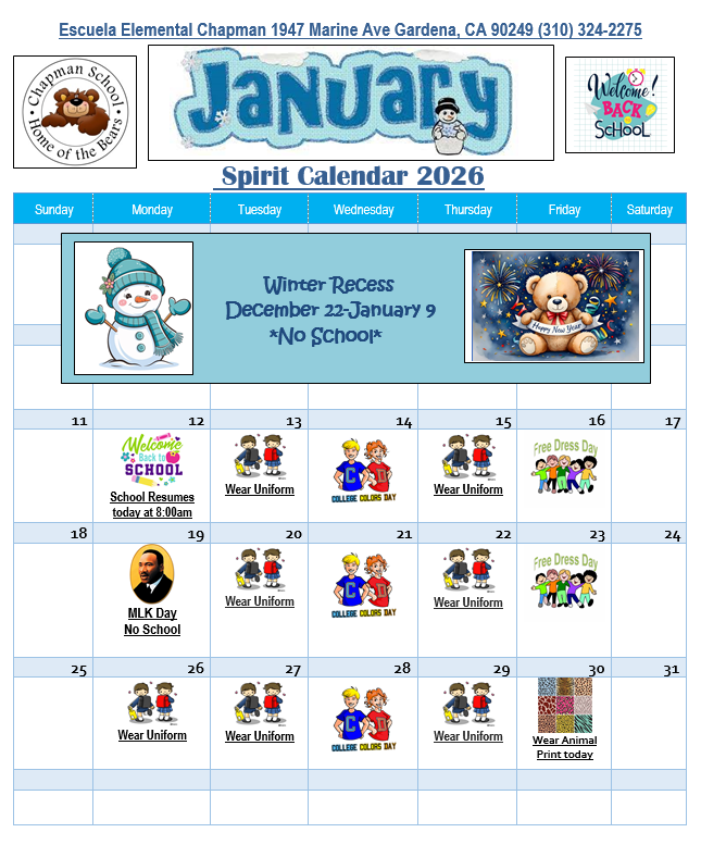 Spirit Calendar – Students – Chapman Elementary