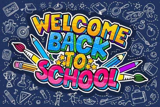 Colorful graphic with school related graphics and the words "Welcome Back to School"