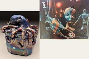 Ceramic artwork by Jadyne Perez-Pringler. Artwork on right by Adelynn Barbre.