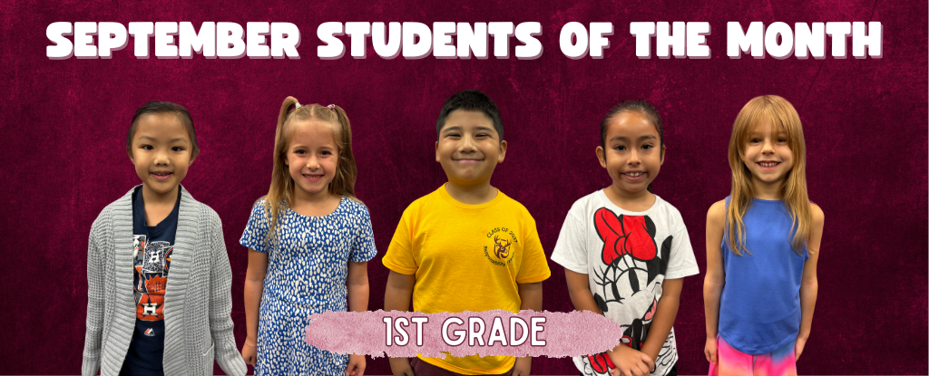 Five smiling first-grade students posing together for September's Students of the Month.